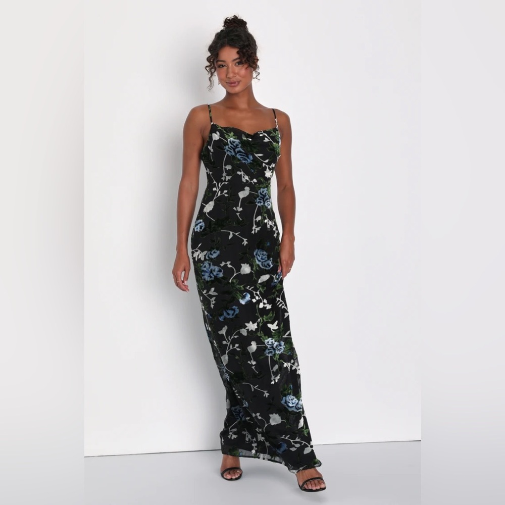Lulus Chic Romantic Black Burnout Velvet Floral Cowl Neck Dress
